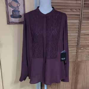 NWT Simply Vera Vera Wang Lace Panel Burgundy Plum Blouse XL